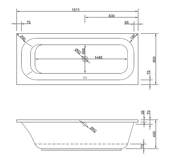 Acryl-Badewanne Aruba 190 x 80 x 45cm weiss links Bodenlänge 144,5cm, 305 Liter
