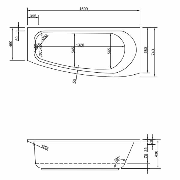 Acryl-Badewanne Compact 169 x 74 x 43cm weiss rechts Bodenlänge 132cm, 218 Liter