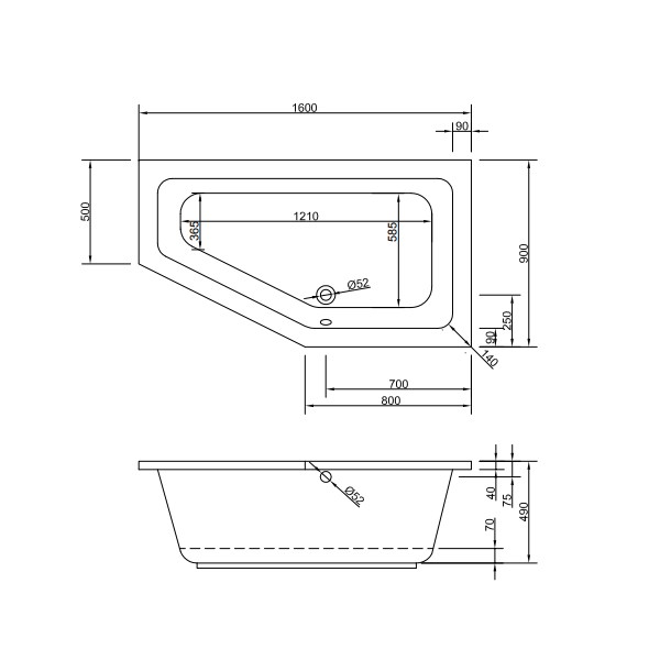 Acryl-Raumsparbadewanne Lupor 160 x 90 x 49cm weiss rechts Bodenlänge 121cm, 290 Liter