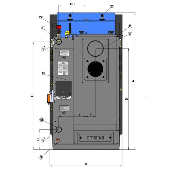 Atmos Holzvergaserkessel DC 18 GSE mit Saugzuggebläse, förderfähig, 23 KW