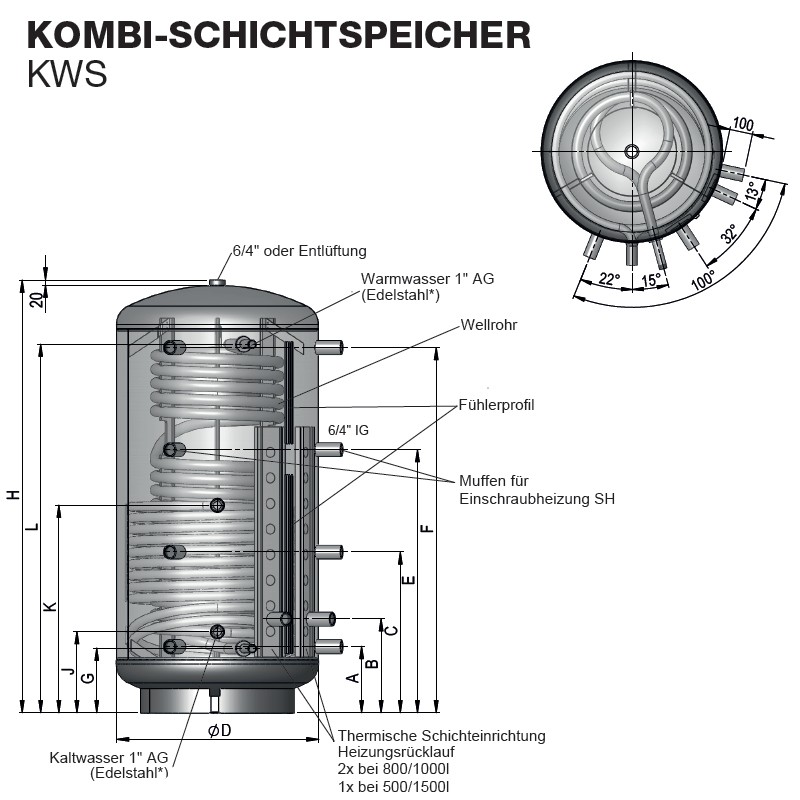 Austria Email Hygienespeicher KWS 1500 mit Wellrohr, 1 Wärmetauscher ohne Isolierung