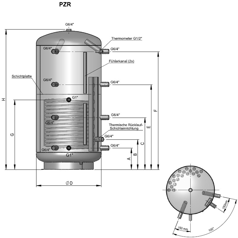 AUSTRIA EMAIL Schicht-Pufferspeicher PZR 1500 1 Register, o. Flansch, mit ECO Skin-Isolierung, H2150xØ1000