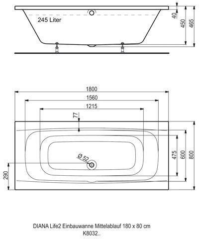 Badewanne Life2/M100 1800x800 Acryl Duo-Einbauwanne