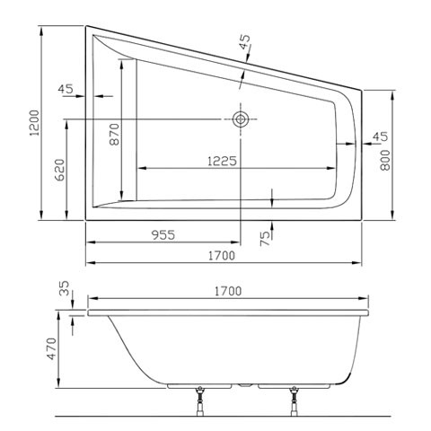 Badewanne Life2/M100 rechts 1700x1200x800 Acryl Trapez-Einbauwanne