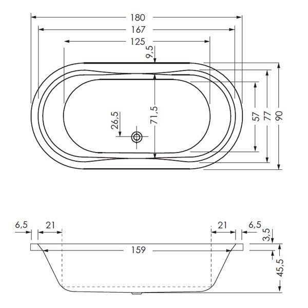 Badewanne Plutos 180/90 180x90x46 Oval-Badewanne