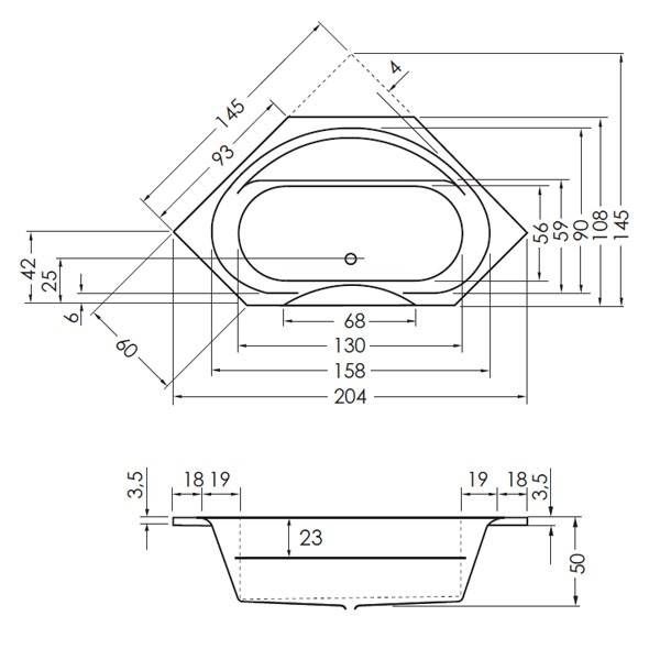 Badewanne Sika 145 OE 145x145x50 Eckwanne