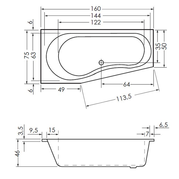 Badewanne Sika 160 rechts 160x75/50x46 Raumspar-Badewanne