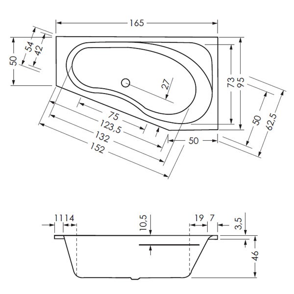 Badewanne Sika 165 links 165x95/50x46 Raumspar-Badewanne