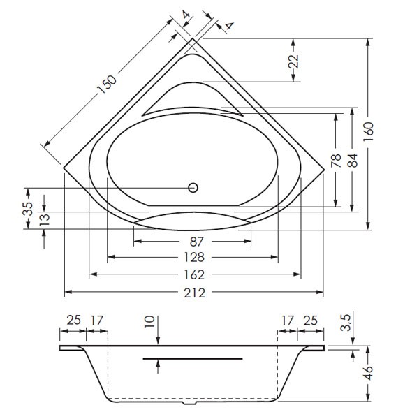 Badewanne Tauern 140 140x140x46 Eckwanne