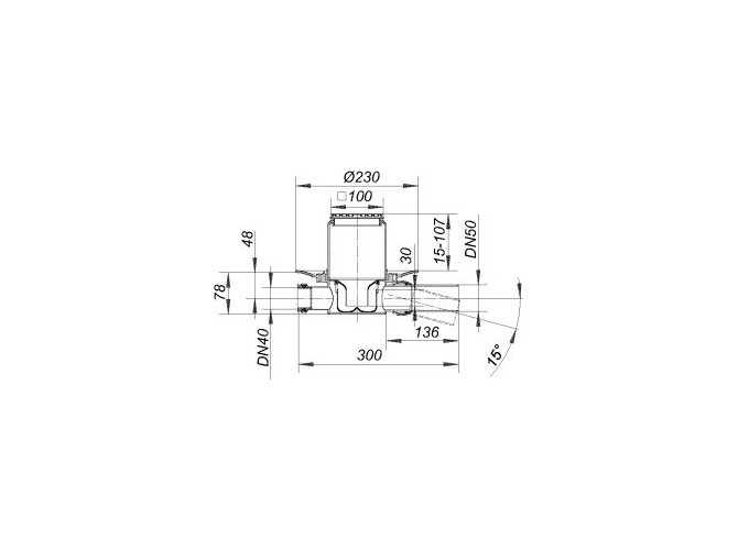 Bodenablauf waagerecht DN 50, Sperrwasserhöhe 50 m Rahmenmaß 100x100x8,5mm incl. Rost aus Edelstahl