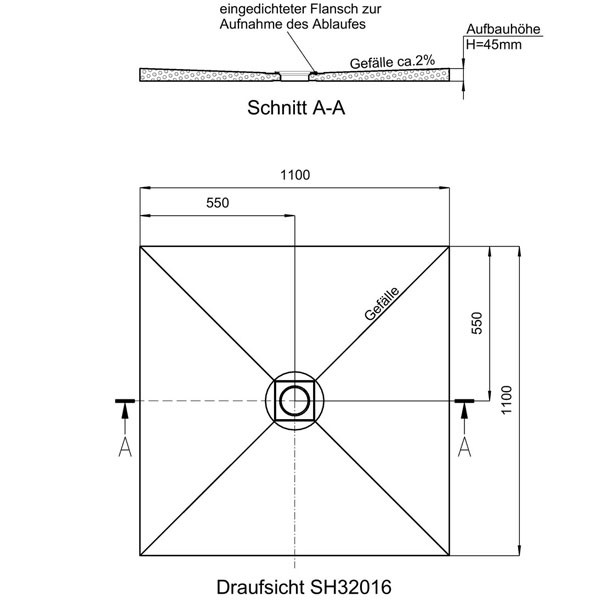 Bodenbündige, verfliesbare Duschtasse 1100x1100x45 mm (rollstuhlbefahrbar) Ablaufposition mittig, waagerecht / senkrecht