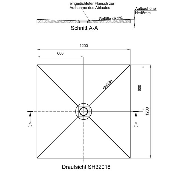 Bodenbündige, verfliesbare Duschtasse 1200x1200x45 mm (rollstuhlbefahrbar) Ablaufposition mittig, waagerecht / senkrecht
