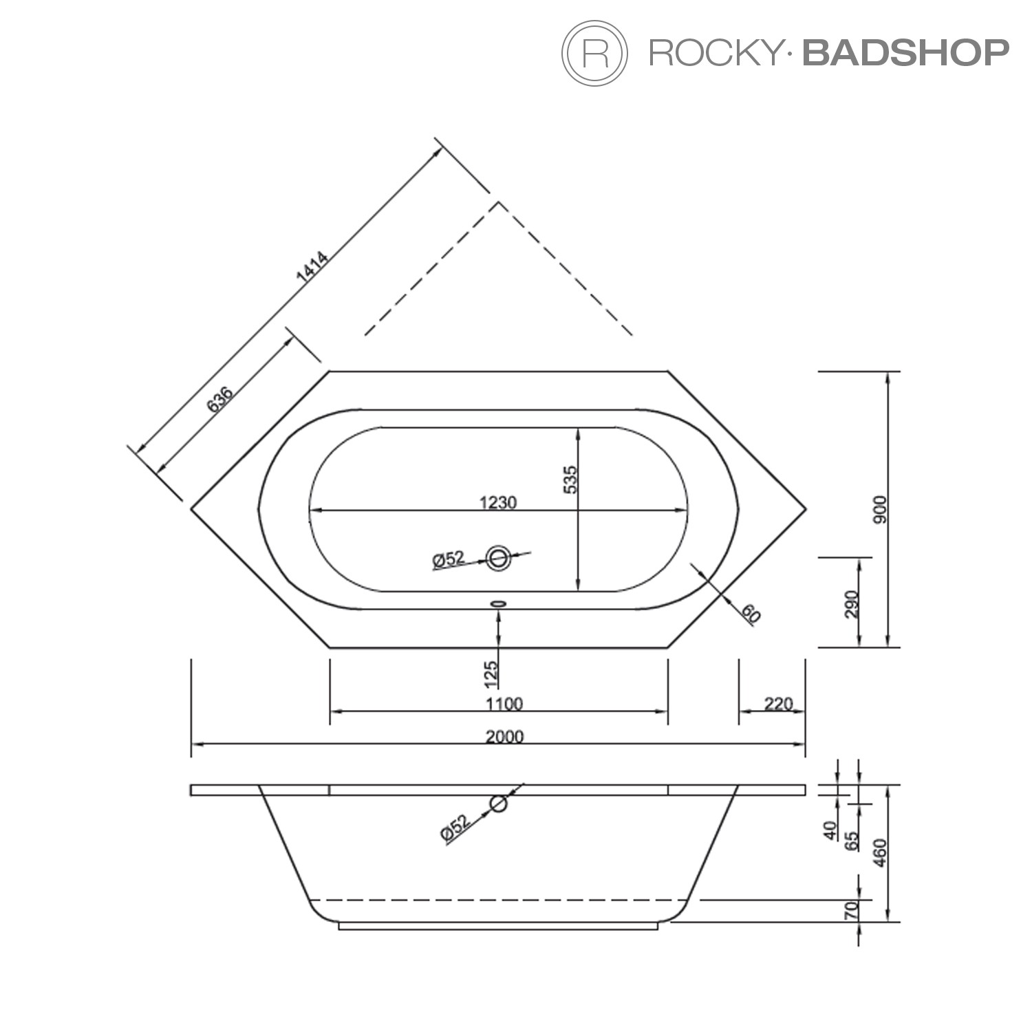 Acryl-Badewanne Andros 200 x 90 x 46cm weiss Bodenlänge 123cm, 250 Liter