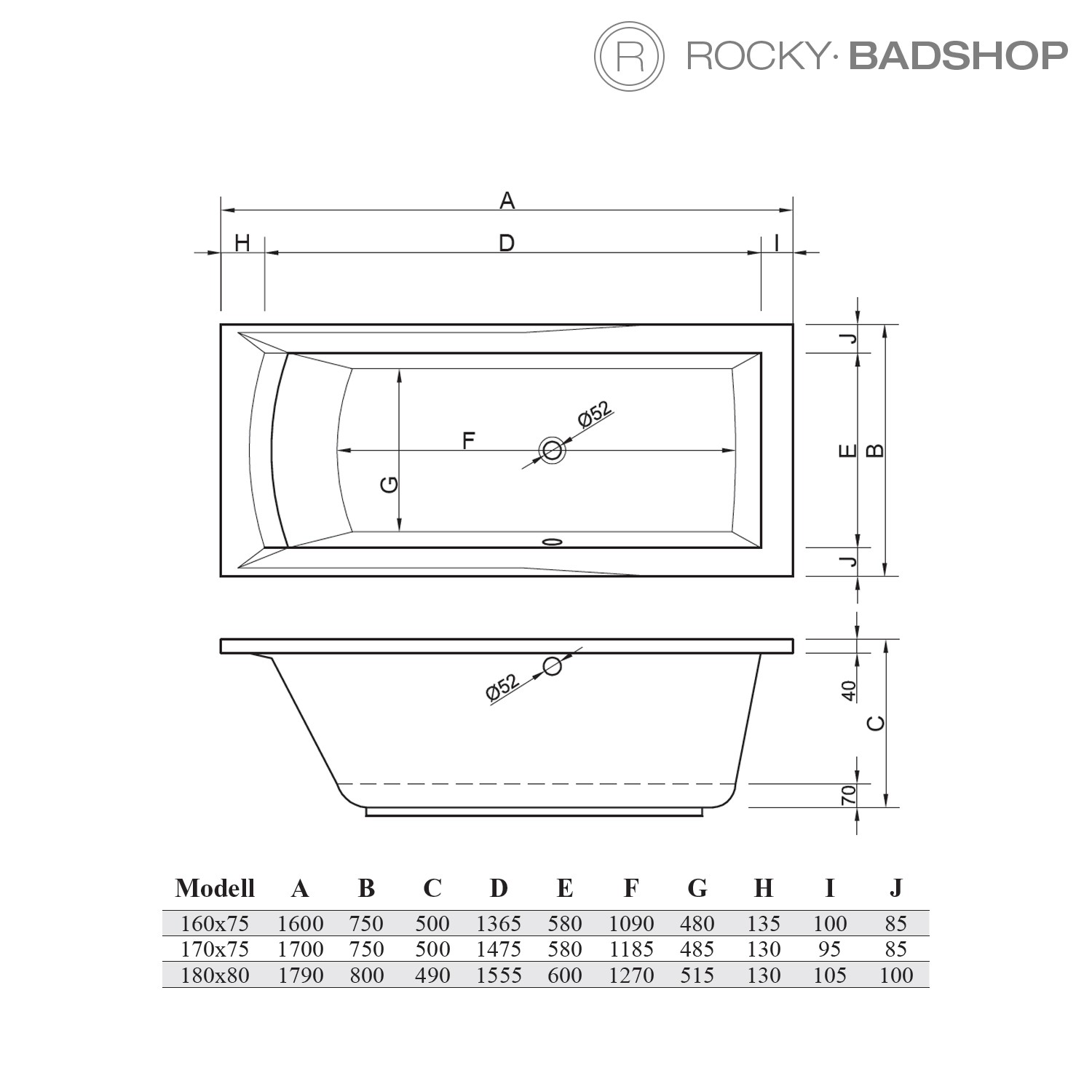 Acryl-Badewanne Dora 160 x 75 x 50cm weiss links Bodenlänge 109cm, 230 Liter