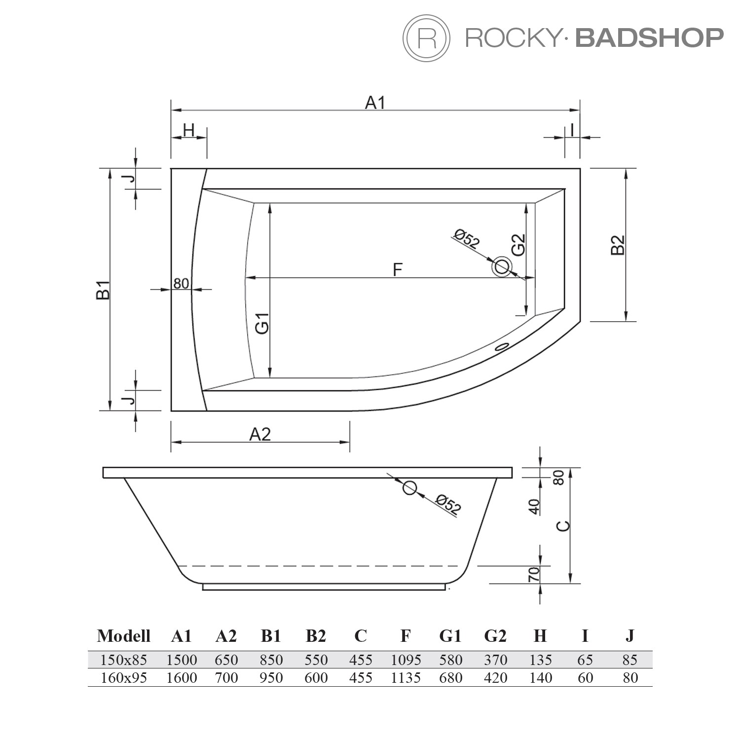 Acryl-Badewanne Flo 150 x 85 x 45,5cm weiss rechts Bodenlänge 109,5cm, 220 Liter