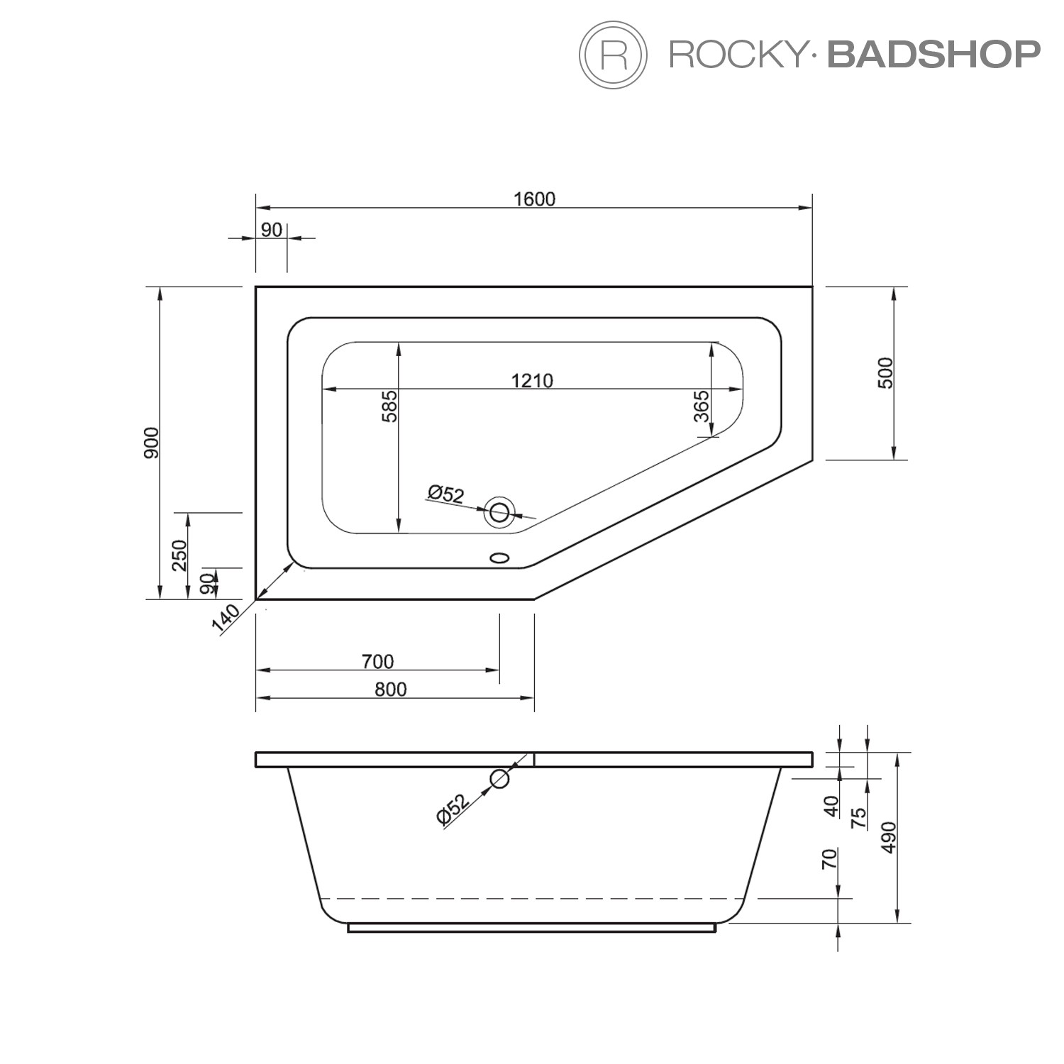 Acryl-Raumsparbadewanne Lupor 160 x 90 x 49cm weiss links Bodenlänge 121cm, 290 Liter