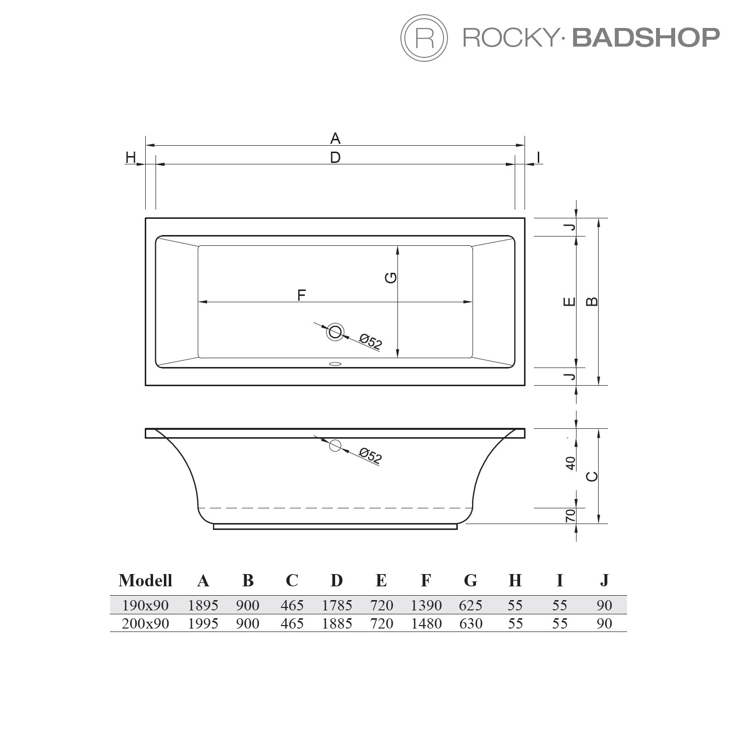 Acryl-Badewanne Malibu Eco 200 x 90 x 46,5cm weiss Bodenlänge 148cm, 383 Liter