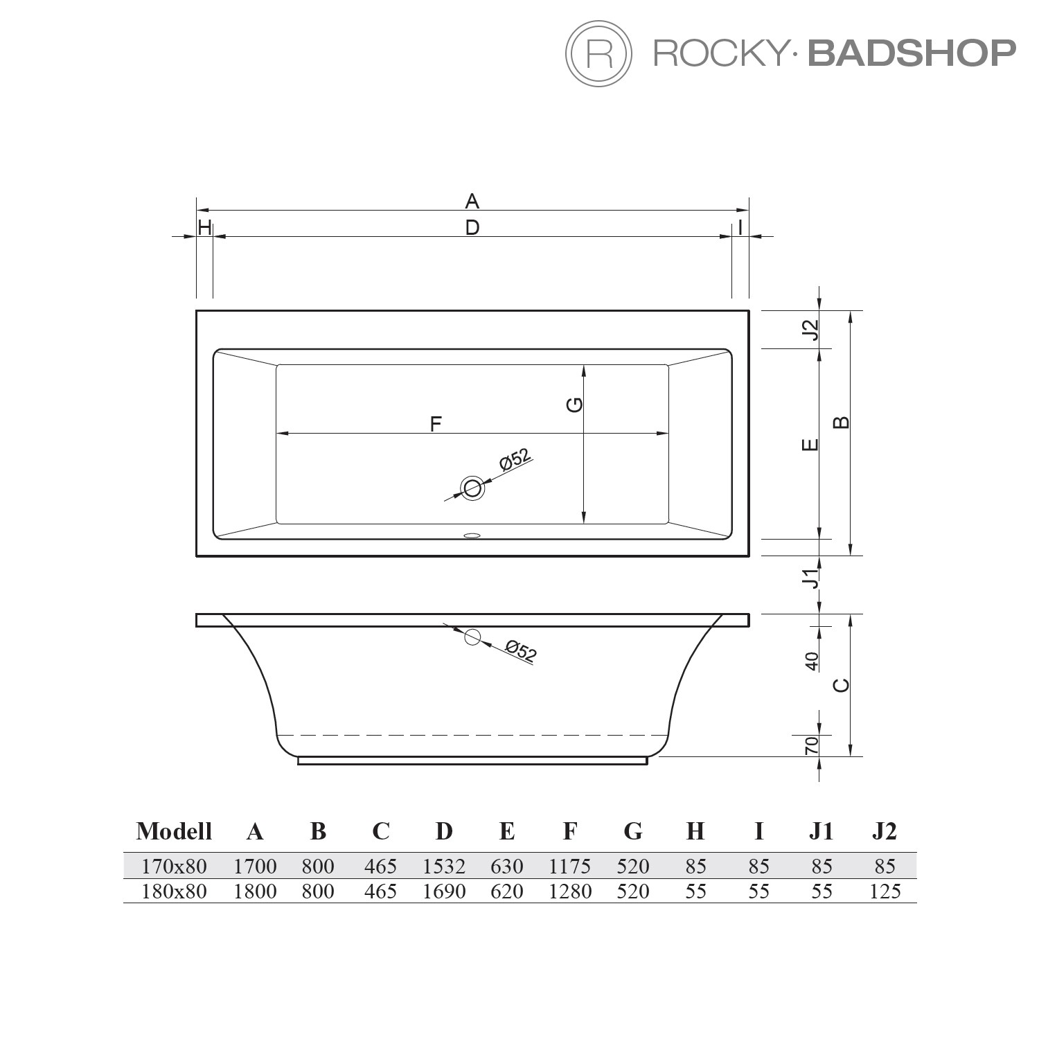 Acryl-Badewanne Malibu Plus 180 x 80 x 46,5cm weiss Bodenlänge 128cm, 285 Liter