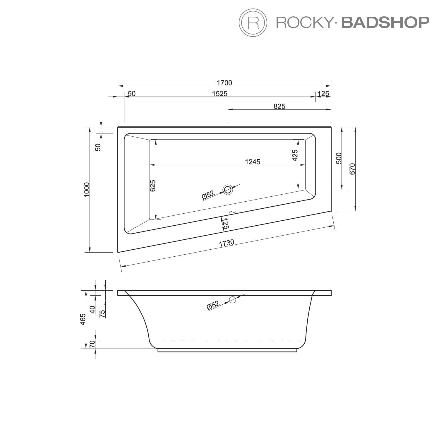 Acryl-Badewanne Malibu Top 170 x 100 x 46,5cm links weiss Bodenlänge 124,5cm, 275 Liter