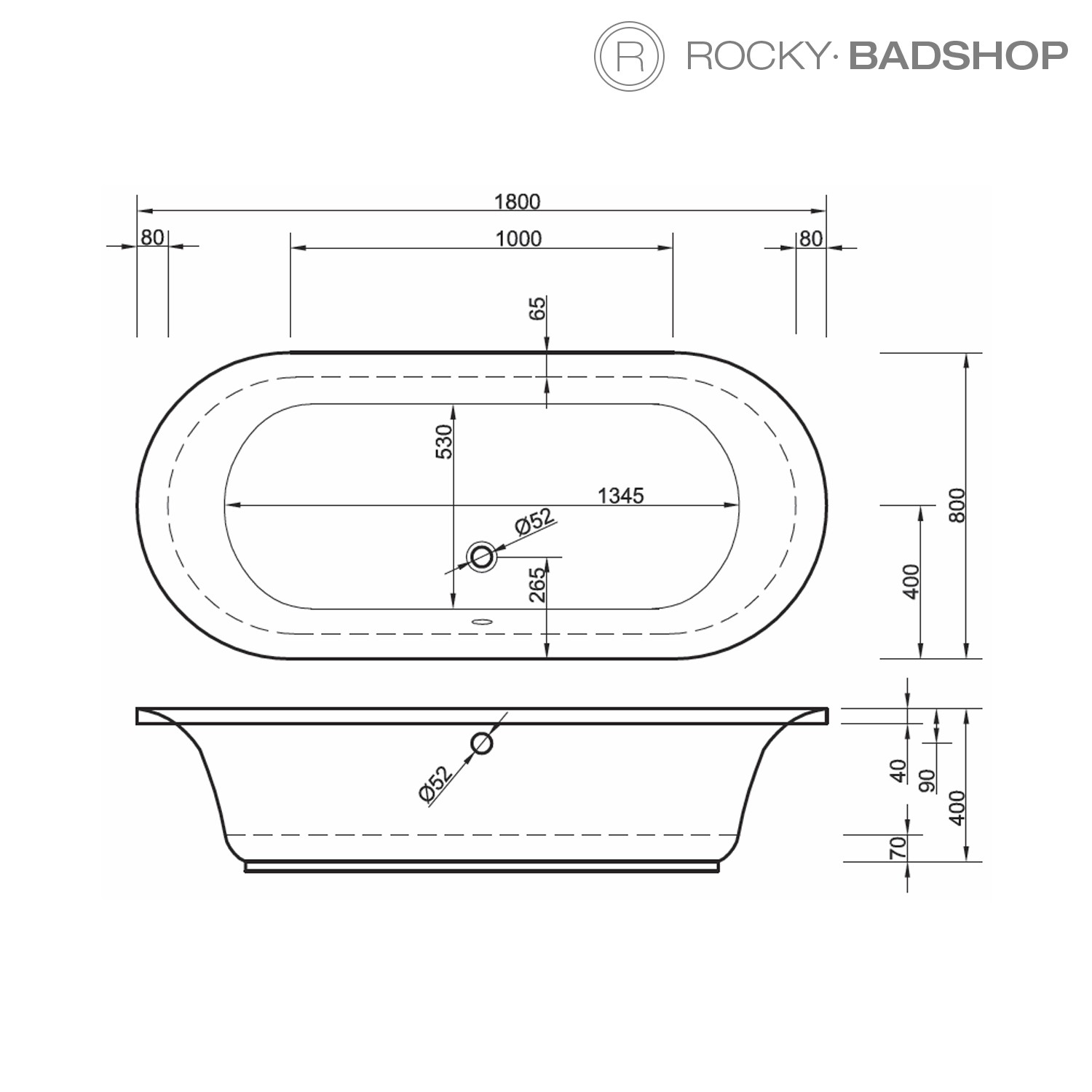 Acryl-Badewanne Metauro 180 x 80 x 40cm weiss inkl. Schürze 56cm, Bodenlänge 134,5cm, 215 Liter