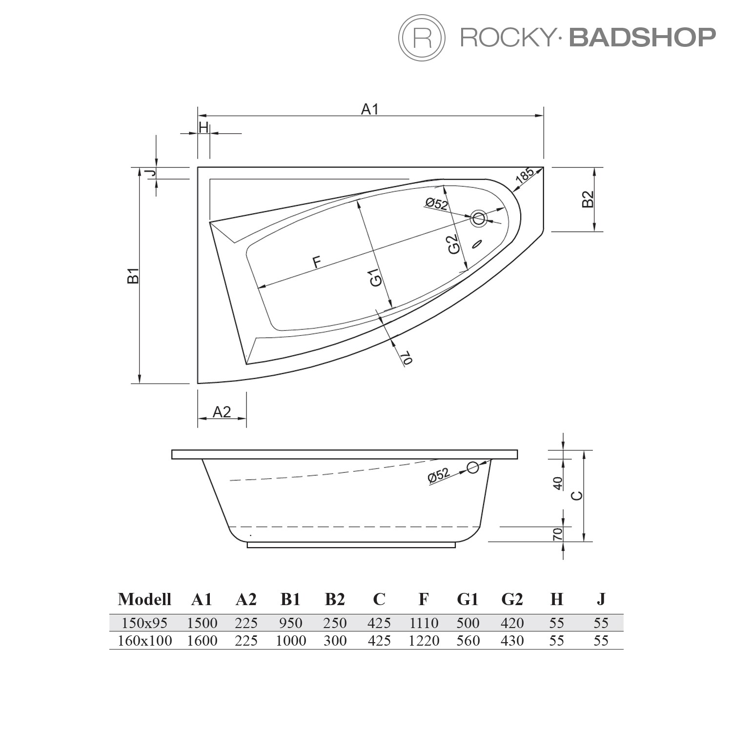 Acryl-Badewanne Silver 160 x 100 x 42,5cm weiss links Bodenlänge 122cm, 215 Liter