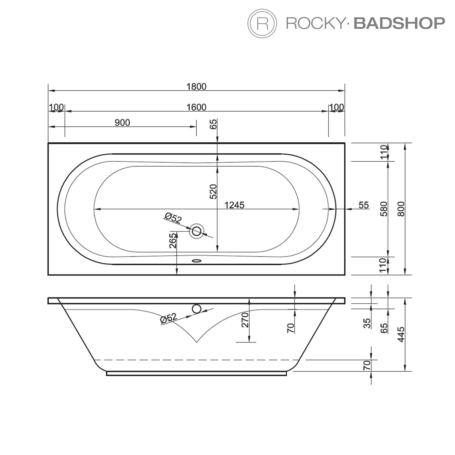Acryl-Badewanne Vista 180 x 80 x 44,5cm weiss Bodenlänge 124,5cm, 245 Liter