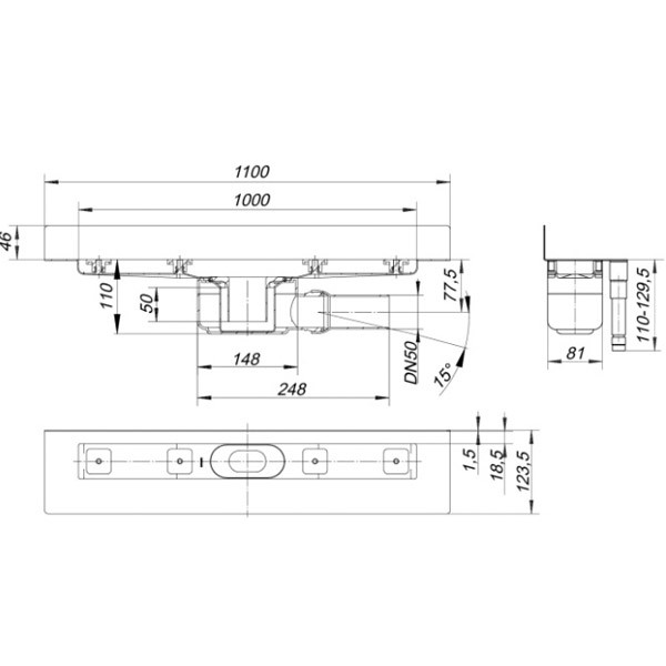 DALLMER Duschrinne CeraLine W 1000 mm, DN 50