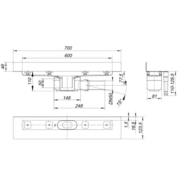 DALLMER Duschrinne CeraLine W 600 mm, DN 50