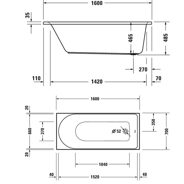 DU Badewanne D-Neo 1600x700mm, weiß, Einbauversion, 1 Rückenschräge