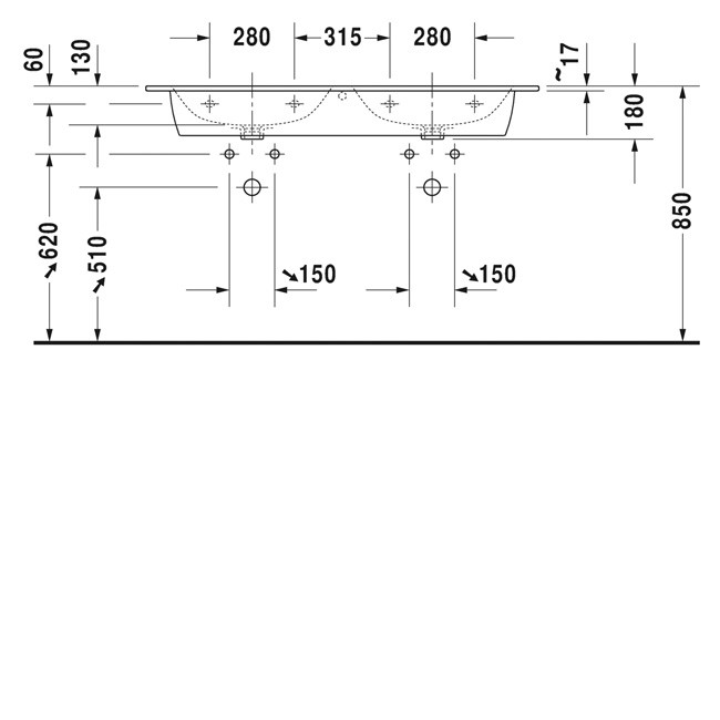 Duravit Doppel-Waschtisch ME by STARCK 1300 mm, mit Überlauf, m. HLB, ohne Hahnloch, weiß