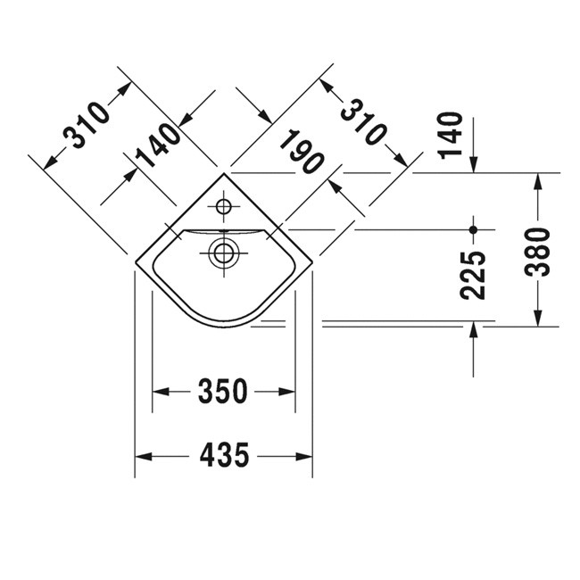 Duravit Eck-Handwaschbecken ME by Starck 435 mm, mit Überlauf, mit HLB, 1 Hahnloch, weiß