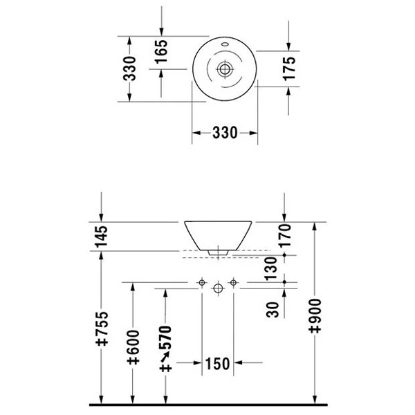 DU Aufsatzbecken Starck 1 330 mm mit ÜL, ohne HLB, weiß WonderGliss