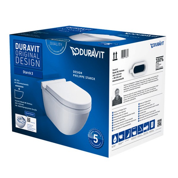 DU Wand-WC Set Starck 3, rimless, Weiß Tiefspüler, Durafix u.WC-Sitz m.Absenk.