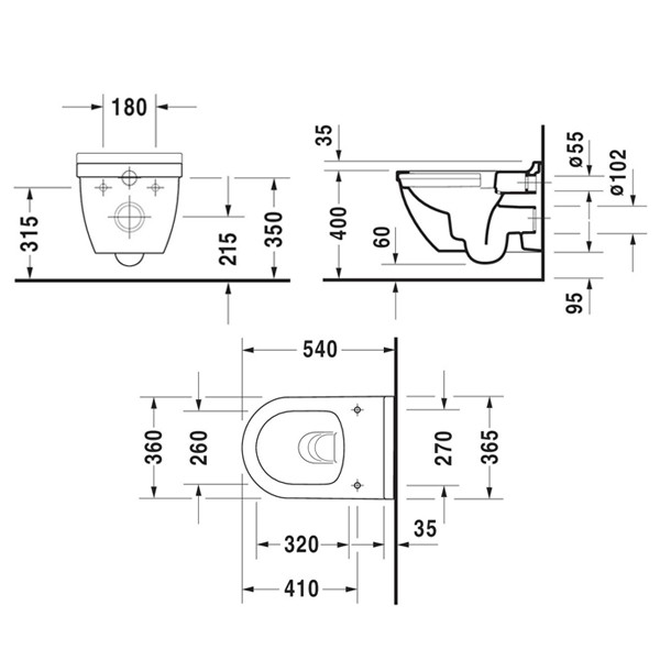 DU Wand-WC Set Starck 3, rimless, Weiß Tiefspüler, Durafix u.WC-Sitz m.Absenk.