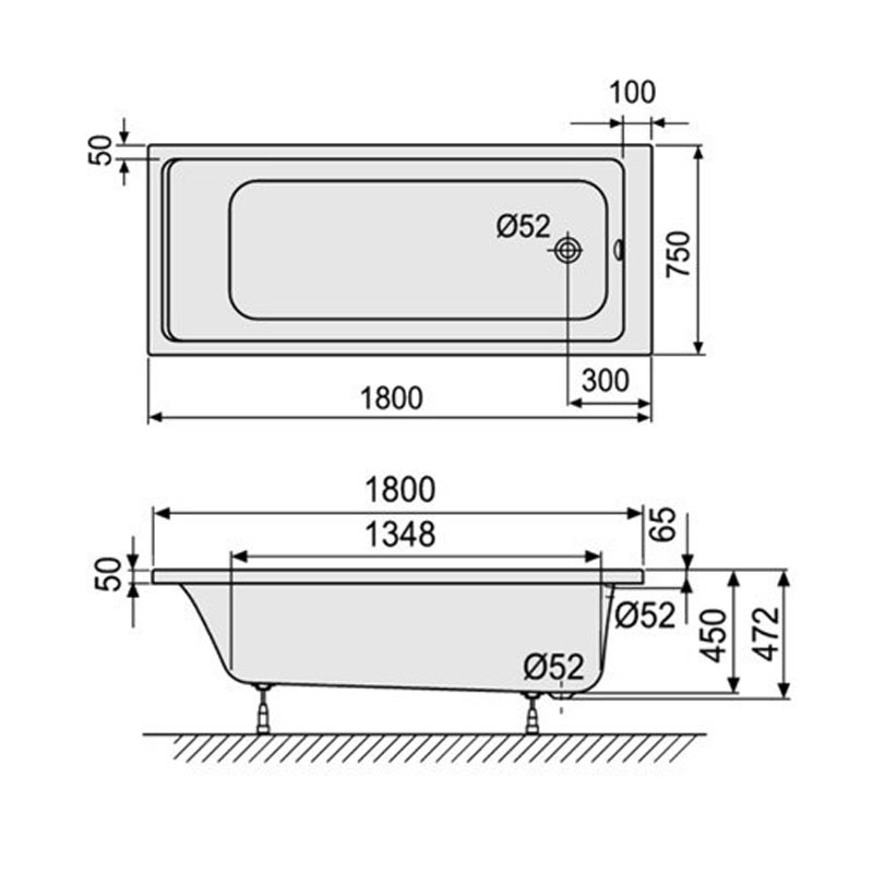 Duscholux Prime-Line 1800x750x450 Rechteck Badewanne weiß 615261000001