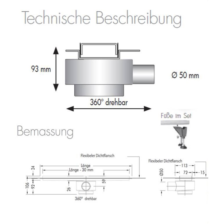 Duschrinne Basic Drain Fliese 1000, ws 50 mm, Komb.  