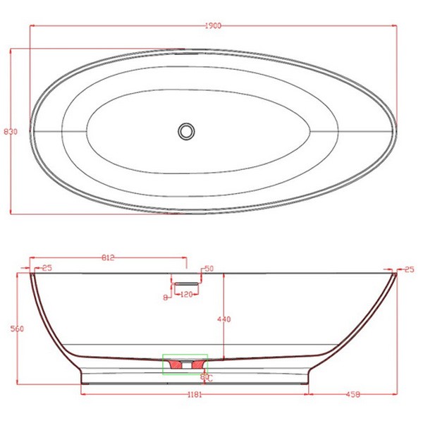 Freistehende Wanne Egg 1900 x 830 x 560 mm  Tiefe: 440 mm