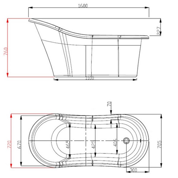 Freistehende Wanne One 1600 x 720 x 760 mm  Tiefe: 440 mm