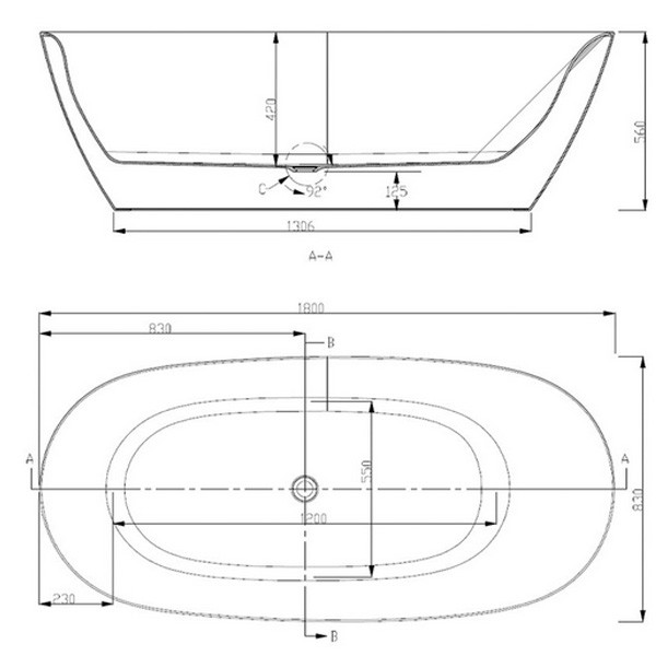 Freistehende Wanne Oval drain 1800 x 830 x 560 mm  Tiefe: 420 mm