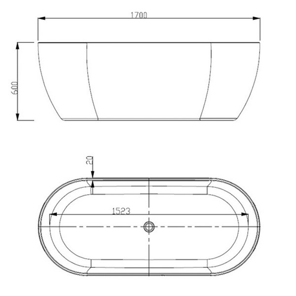 Freistehende Wanne Oval overflow 1700 x 750 x 600 mm  Tiefe: 450 mm