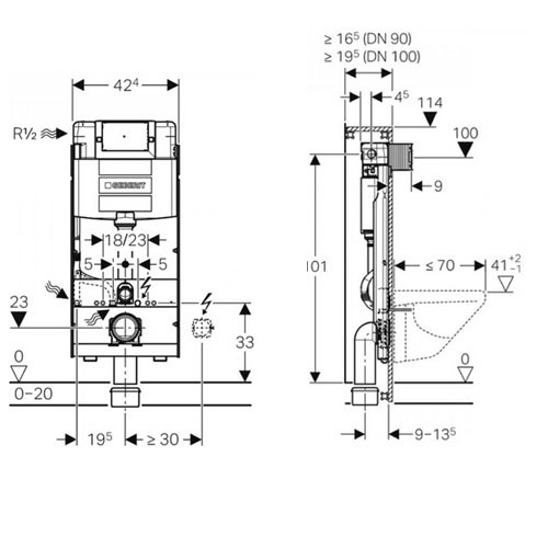 Geberit Duofix Element für Wand-WC 112 cm mit Omega Unterputz-Spülkästen 12 cm Betätigung von vorne