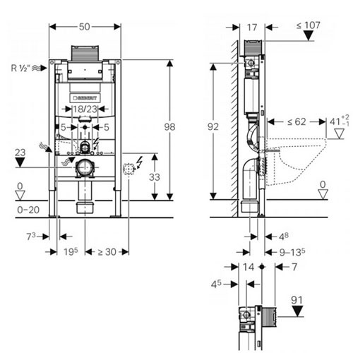 Geberit Duofix Element für Wand-WC 98 cm mit Omega Unterputz-Spülkästen 12 cm Betätigung vorne/oben