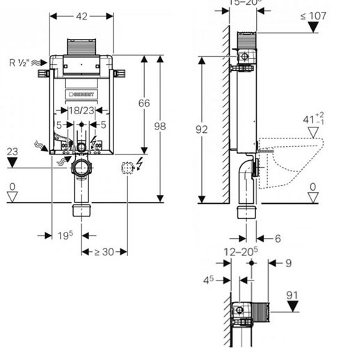 Geberit Kombifix Element für Wand-WC 98 cm mit Omega Unterputz-Spülkästen 12 cm Betätigung vorne/oben