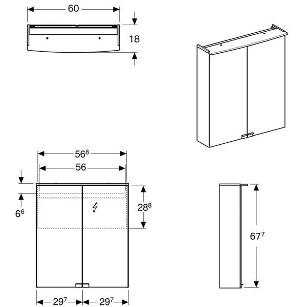 GE Option Basic Spiegelschrank m. Beleuchtung, zwei Türen, 60x67,5x14cm