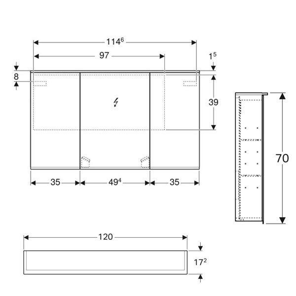 GE Option Plus Spiegelschrank m.Beleuchtung, drei Türen, 120x70x17,2cm