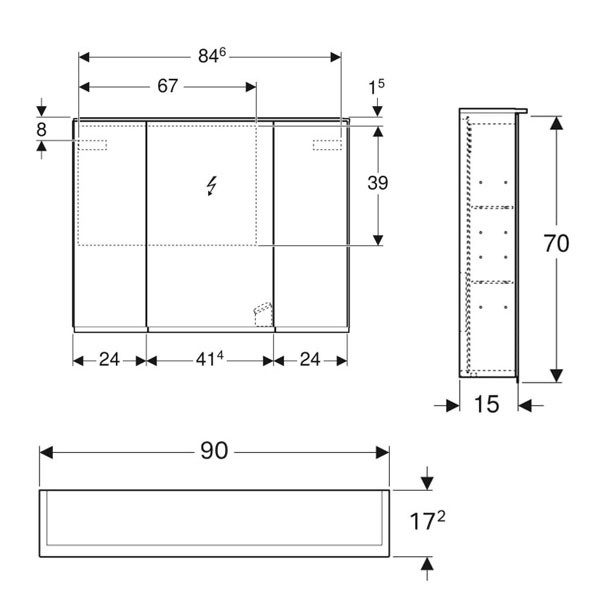 GE Option Plus Spiegelschrank m. Beleuchtung, drei Türen, 90x70x17,2cm