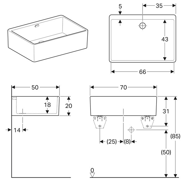 Geberit Publica Mehrzweckbecken, 70x20x50cm mit Überlauf, weiß