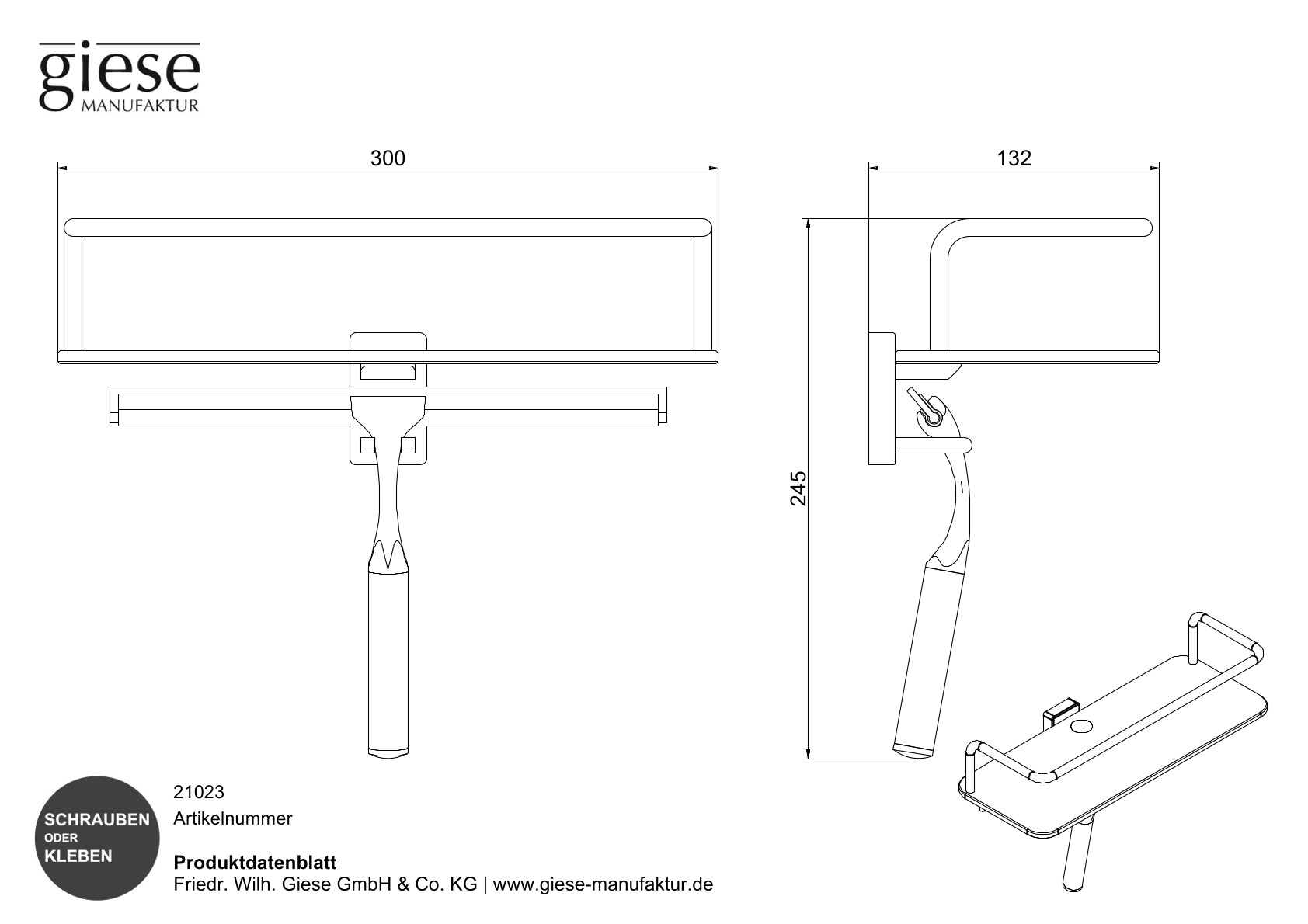 Giese Dusch Konsole mit hoher Reling und Glasabzieher schwarz matt Kompaktschichtstoff weiss