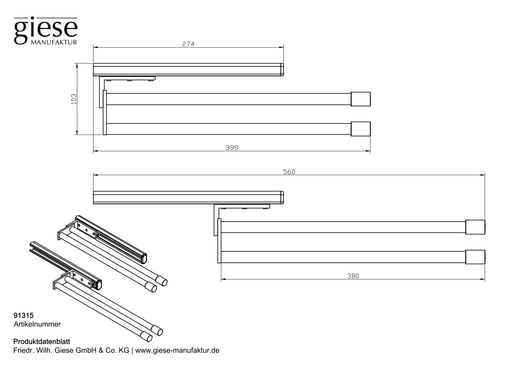 Handtuchhalter 2tlg. MC Gesamtlänge L= 375 mm