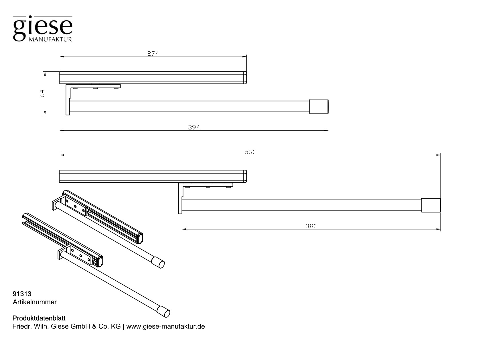 Giese Handtuchhalter einteilig ausziehbar schwarz matt